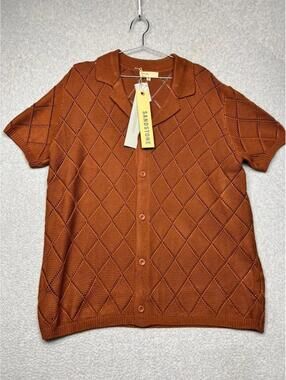 Sand Stone Men Crochet Knit Polo Button Sweater M Retro 70s Rust Brown Cardigan